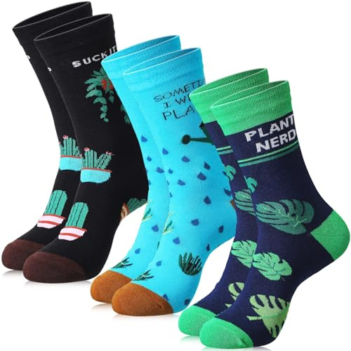 EBOOT 3 Pair Plant Socks for Plant Lovers Gifts Christmas Novelty Crew Gardening Socks for Woman Man Lady Birthday(Cactus and Leaves Style)
