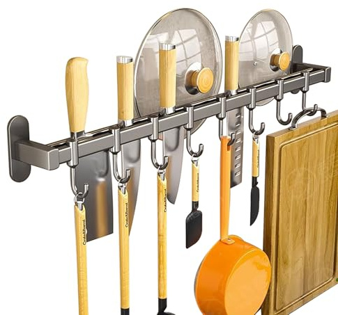 RETSAMV Hakenleiste Küche ohne Bohren mit Messerhalter und Topfdeckelhalter, Küchenutensilienhalter Wand aus Edelstahl für Küche Bad Wohnzimmer Wandmontage (Double rod 8 hooks)