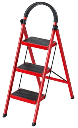 3 Step Ladder, Folding Step Stool with Wide Anti Slip Pedals, Heavy Duty Ladder 150KG Capacity, Multi Purpose Foldable Ladders for Home Kitchen RV Storage Use (Red)