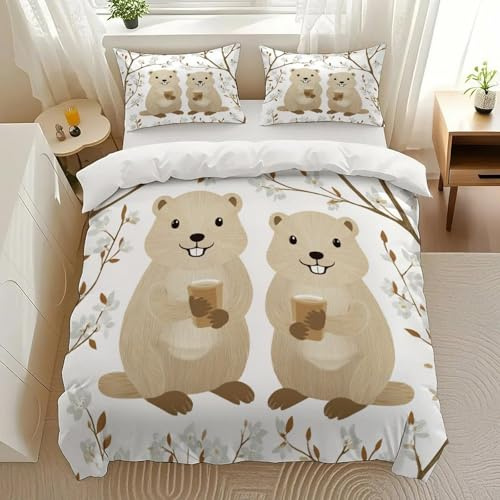 Kjdfhk Beavers Drinking Tea Bedding Comforter Sets Bedding Set 3 Pieces (1 Duvet Cover 2 Pillowcases) with Zipper Closure Lightweight