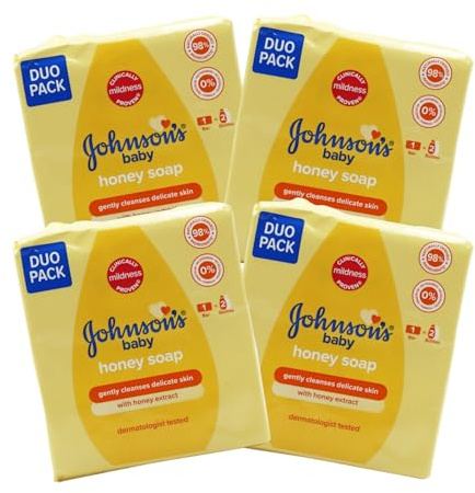 Johnson's Baby Soap Bars Honey, 8 Pack (4 Twin Packs), 90g Each - Total 8 individual wrapped Bars, Mild & Gentle Formula for Delicate Skin
