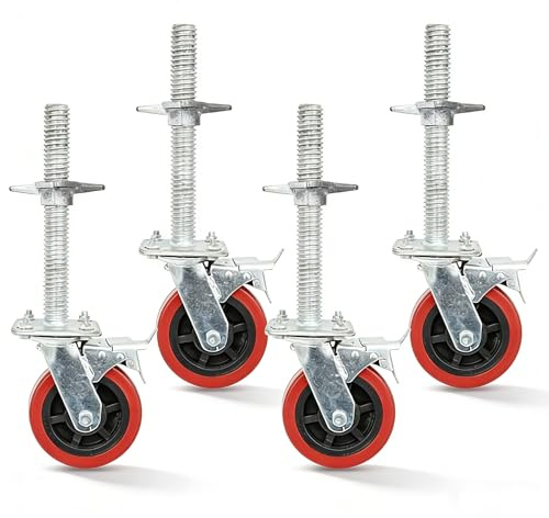 KINEVORTEX Set of 4 Casters Scaffolding Wheels with Brake Scaffold Tower Casters 6 inch Heavy Duty Locking Rubber Wheel with Adjustable Legs for Scaffolding Tower