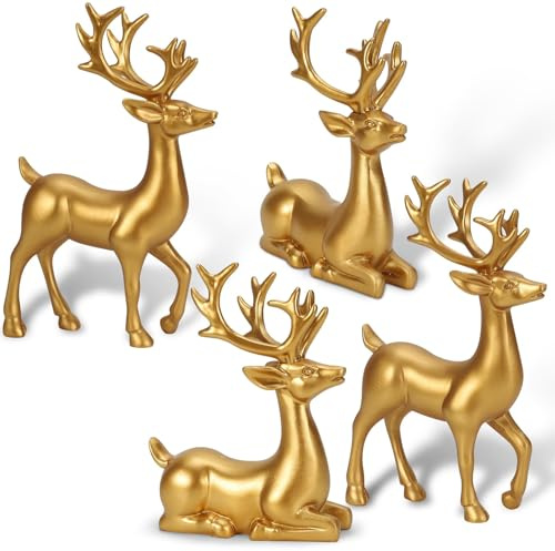 4PCS Christmas Reindeer Figurines Resin Sitting/Standing Deer Statue,Gold Reindeer Sculpture Xmas Elk Statues,Home Office Decorative Deer Displays for Living Room,Desktop,Table Centerpiece,Bookshelf
