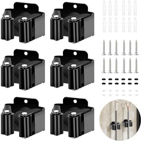 WEDAMOO 6 Pcs Broom Holder Wall Mounted, Mop Wall Mounted Clips, Black