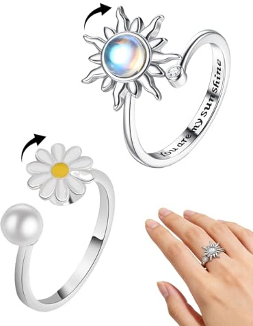 DAFNE 2 pezzi Anxiety Anello da donna con Fidget, con pietra di luna, anello aperto regolabile, anti-stress(03)