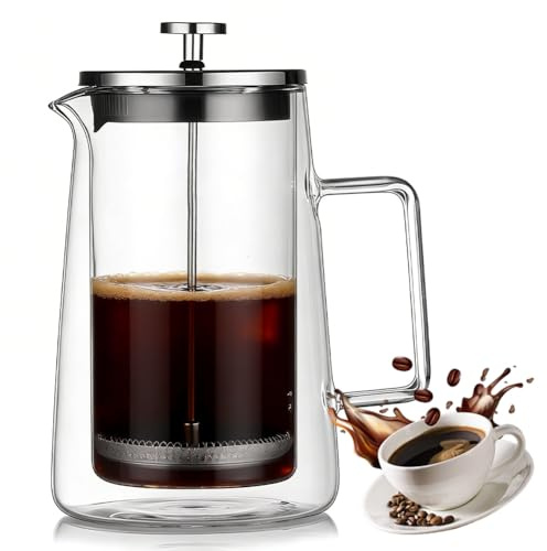 CEWROM French Press Kaffeebereiter, 1000ml Tragbare Doppelwand Glas-Kaffeepresse, Kaffeepresse aus Edelstahlfilter und Hitzebeständiges Glas, Kaltbrühkanne, Reisepressen für Tee,Kaffeezubereiter