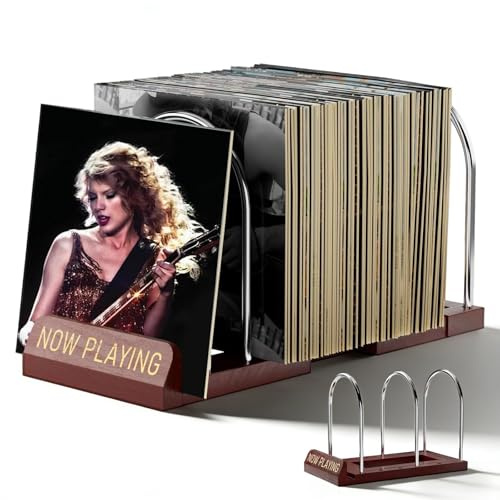 YUDAWN Vinyl Record Storage Stand, Expandable Record Holder Adjustable Vinyls Storage Holds Up to 30-70 LPs Retro Wooden Now Playing Records Display Rack for for Book Albums Magazine