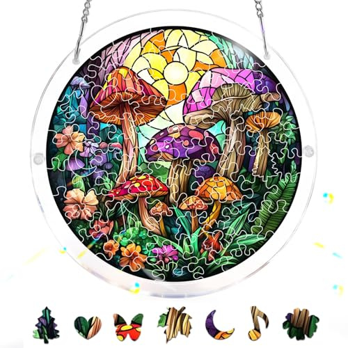 Zariocy Mushroom Acrylic Jigsaw Puzzle Suncatcher - Stained Glass Window Hanging - Creative Home Decor - 83 Piece Puzzle & Pendant Combo - Ideal for Mom, Wife, Aunt Gift 18x18 cm-44