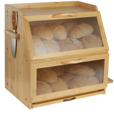 Sampoes Boîte à pain en bambou à double couche avec planche à découper et fenêtre de visualisation, boîte de rangement pour pain pour croissants, petits pains, conservation du pain, 38 x 27 x 39 cm