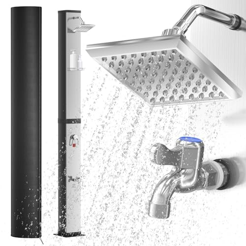 MAYTIIMO Solardusche 40 Liter mit Fußdusche und Wasserhahn, Gartendusche ohne Stromanschluss, Wasser bis 60°C, Gartenschlauch-Anschluss, für Garten, Pool und Camping, Silber