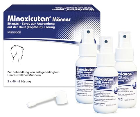 Minoxicutan Spray mit Minoxidil bei erblich bedingtem Haarausfall | Stoppt Haarausfall, startet Haarwachstum, Minoxidil, 50 mg/ml, Spray, 2 Applikatoren, 3x60ml