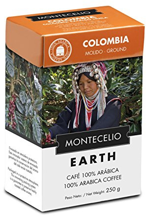 Montecelio - Café Molido 100% De Colombia. Café Seleccionado De Tueste Natural 100% Arábica. Aroma Floral, Gran Acidez Y Cuerpo Medio. Montecelio Earth. Paquete De 250 Gramos.
