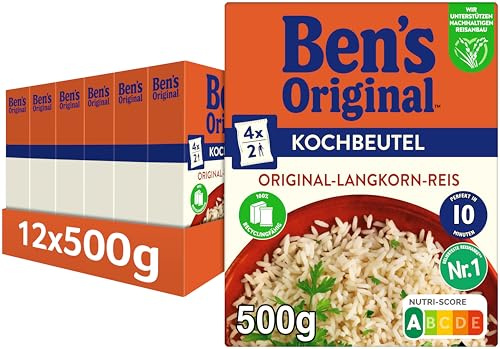Ben's Original Original-Langkorn-Reis, 10 Minuten Kochbeutel,12 x 500g | 12 Packungen, Original-Langkorn-Reis im Kochbeutel, Kochzeit 10 Minuten, Gelingt immer, Praktisch & portionierbar