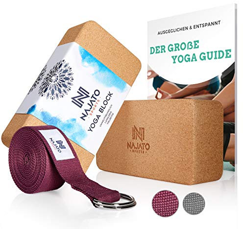 NAJATO Sports Yoga Block Kork 2er Set – Wahlweise mit Yogagurt – Yogablock inkl. E-Book (PDF Datei) – Yogaklotz für Pilates und Meditation – Aus natürlichem Material