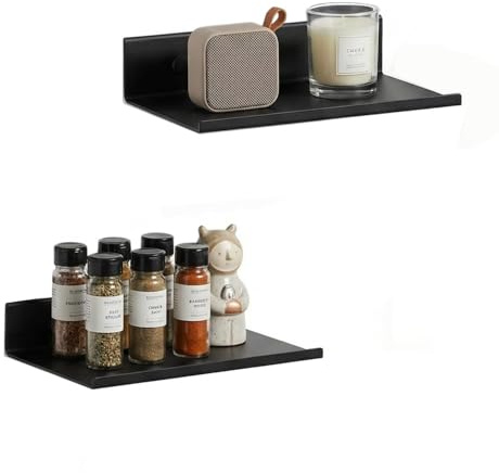 Z metnal Small Floating Shelves for Wall 2 Pack, Small Black Shelf Wall Shelves for Bedroom Living Room Bathroom Kitchen Spice Rack, Wall Shelves Display Racks, Aluminum, 8 Inch