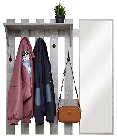 Meerveil Wall Mounted Coat Rack with Mirror, Hook Rack Shelf with 5 Hooks Industrial Style for Hallway Entryway, 100 x 22 x 106 cm (Grey)