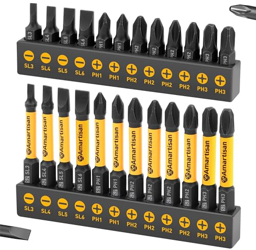 Amartisan 24-Piece Slotted Phillips Drill Bit Set, S2 Alloy Steel, Magnetic Tips, 2.3 Long With Storage box.Power Drill - Pro & DIY (24-Piece Bit Set (Slotted+Phillips))