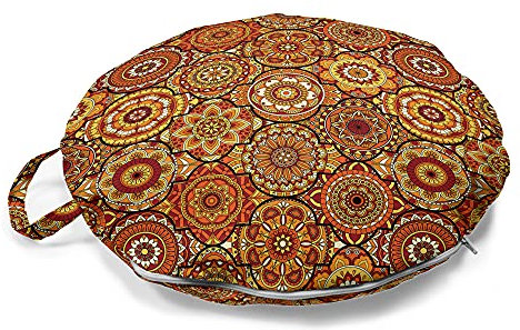 ABAKUHAUS marokkanisch Rundes Bodenkissen mit Griff, Blumenmotive Ottoman, dekoratives Kissen für Wohnzimmer & Schlafsäle, 45 cm, Orange Gelb Braun