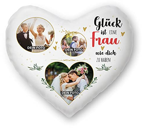 Print Royal Herzkissen selbst gestalten - mit 3 Fotos Bedrucken - Glück ist eine Frau wie Dich zu haben - Geschenk Valentinstag Geburtstag Weihnachten - Herz Fotokissen inkl. Füllung, 40x44 cm