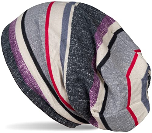 styleBREAKER Unisex finstickad beanie mössa med färgglada ränder mönster, lätt lång beanie flerfärgad randig 04024194, Lila-grå-beige, En Storlek