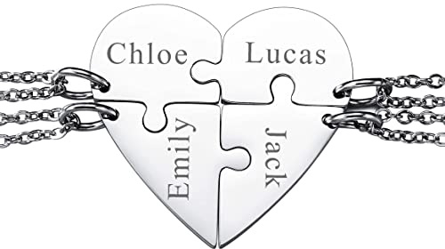 INBLUE Collana Personalizzata per Uomo/Donna, Collana di Coppia/Amicizia per 2/3/4/5 Pezzi, Set di Collane con Pezzi di Puzzle A Cuore Nero/Argento, Collana con Incisione Nome/Testo