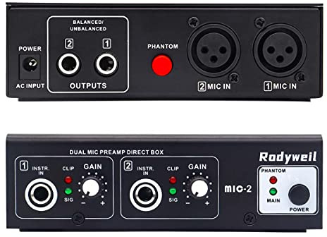 Rodyweil Mikrofon-Vorverstärker Mic Booster 4 Eingänge Max 65 dB DI-Box mit 48 V Phantomspeisung für dynamisches und Kondensatormikrofon