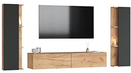 Planetmöbel TV Wohnwand Wohnzimmer 160 cm Gold Eiche, mit 2X 40cm Seitenschränken Gold Eiche/Anthrazit