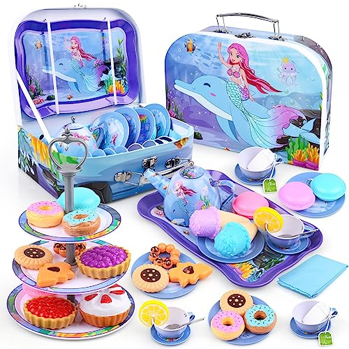 Auney 36 Pcs Teeservice Kinder,Meerjungfrau Spielzeug Kinderküche Zubehör Tragekoffer mit Zinn Tee Set,Mermaid Tea Service Kindergeschirr Spielküche Teeparty Rollenspiel für Geschenk Mädchen Spielzeug