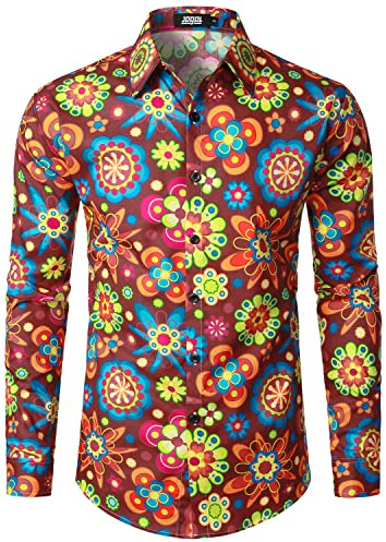 JOGAL Chemise à manches longues pour homme, coupe normale, motif floral imprimé, boutonnage, loisirs, Rouge vif, Medium
