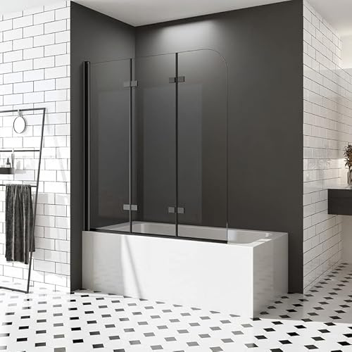 Duschwand für Badewannen 120 x 140 cm 3 teilig Schwarz faltbar Dekor Querstreifen Duschabtrennung Sicherheitsglas hell Faltwand Duschwand 6mm ESG Nano Glas