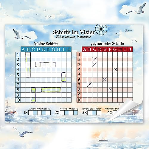 TOBJA® Schiffe versenken Spiel - A4 Block mit 50 Blatt: Der Klassiker im frischen Design | Extra große Schrift für Senioren | Für 2 Personen (Block mit 50 Blatt)