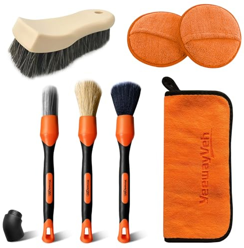 YeewayVeh 7PCS Car Interior Detailing Kit, Orange | Complete Car Care Set with Leather Brush, Applicator Pads & Microfiber Cloth for Seats, Furniture and Boots, No Scratching
