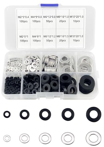 Lot de 560 rondelles plates en nylon noir, rondelles d'espacement rondes en acier inoxydable M2, M4, M6, M8, M10 pour mécanique, réparation domestique, industrie, charnière de porte