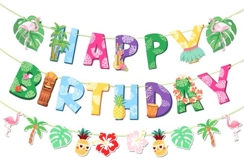 Hawaiian Party Happy Birthday Banner, Luau Tropical Flamingo Garland Birthday Letter Bunting, Hawaii Beach Pool Summer Decoration, Birthday's Bunting Banner Party Supplies