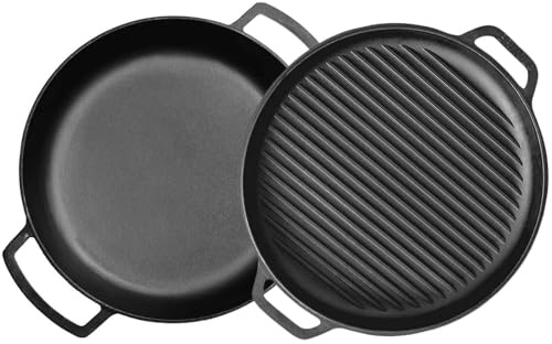 Poêle en fonte de 36 cm de diamètre avec couvercle, poêle à griller en fonte, cocotte en fonte, deux poignées