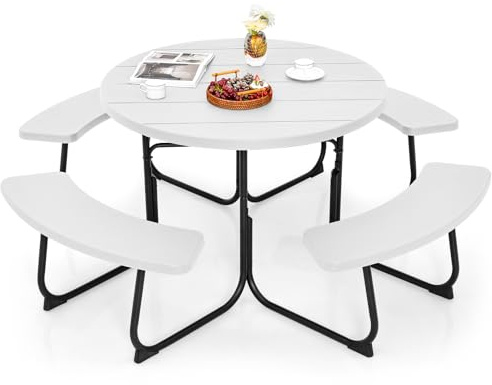 GOPLUS Picknicktisch Set, Gartenmöbel Set für 8 Personen, Sitzgruppe Outdoor inkl. 4 gebogenen Sitzen & 1 Gartentisch mit Schirmloch, Campingtisch Bierzeltgarnitur für Picknick Party (Weiß)