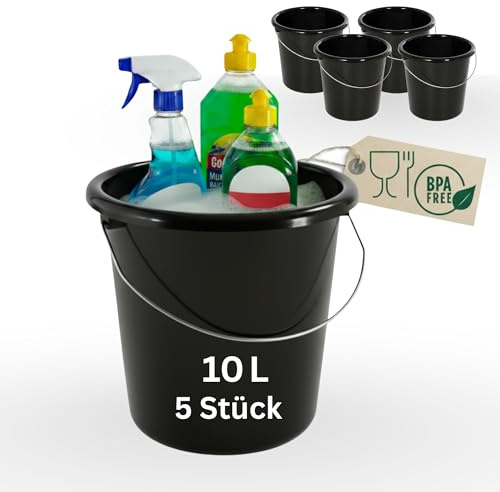 Novaliv 5 Stück Eimer 10L Schwarz mit Maßeinteilung - Putzeimer 10 Liter ? 28,5 cm Praktischer Allrounder mit Skala für Haushalt & Garten ideal als Haushaltseimer, Wassereimer, Wischeimer, Bucket