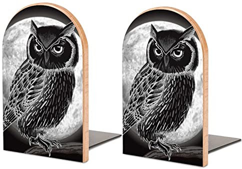 Halloween Tier Eule Vogel Mond Retro Holz rutschfeste Buchstützen Home Dekorative Buchstützen 1 Paar Buchstützen für Bibliotheksbücher, Filme, DVDs, Zeitschriften, Videospiele