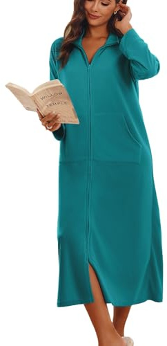 Ekouaer Women Zipper Robe Long Sleeves House Coat Soft Bathrobe Sleepwear with Pockets Housecoat Loungewear