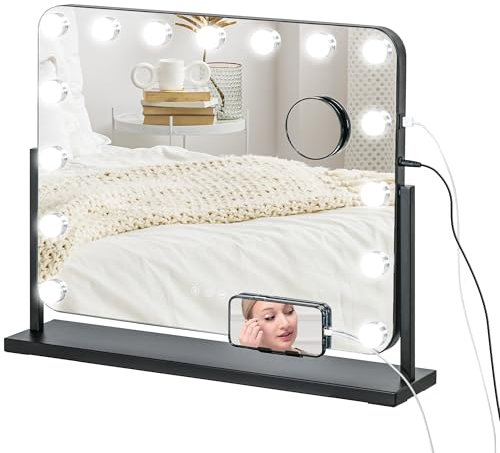 HOMCOM Hollywood Espejo de Maquillaje con Luz Espejo de Tocador Giratorio 58x46 cm con Bombillas LED Modos de Iluminación Ajustables Interruptor Táctil Soporte para Teléfono y Puerto USB Negro