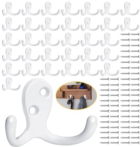 Homanu Paquete de 34 ganchos para abrigos, ganchos de pared de doble punta resistentes con 68 tornillos, ganchos de pared de metal blanco no se oxidan para colgar toallas, abrigos, bolsos, sombreros,