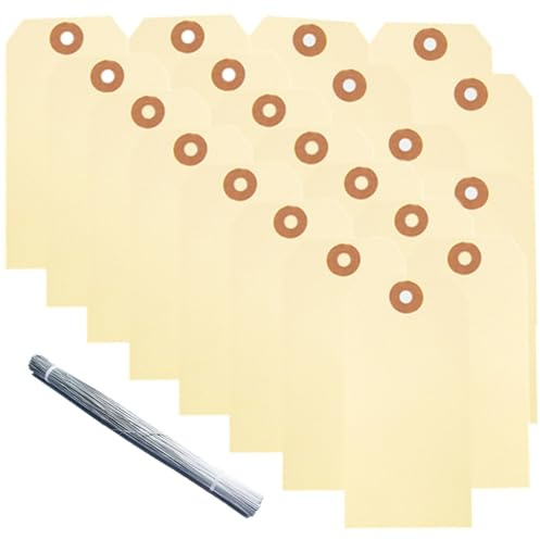 Presenthänge, 100 stycken tomma fraktetiketter för upphängning av pappersetiketter för märkning av kort, prislappar, skrivbara etiketter med tråd för 6 x 12 cm