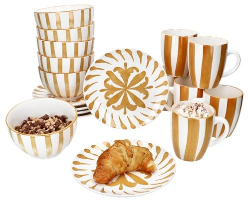 MamboCat Wald ocre Service à petit-déjeuner 18 pièces I 6 petites assiettes à petit-déjeuner, bol à céréales et tasses à café pour 6 personnes avec branches et rayures I Noël