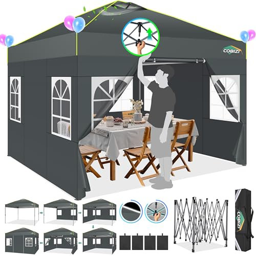 COBIZI Pavillon 3x3 Faltpavillon Wasserdicht Stabil Winterfest Partyzelt Faltbar,Einfache Einrichtung UV-Schutz 50+ mit 4 Seitenwänden, 3 Höhenverstellbar Gartenpavillon für Markt,Garten,Grau
