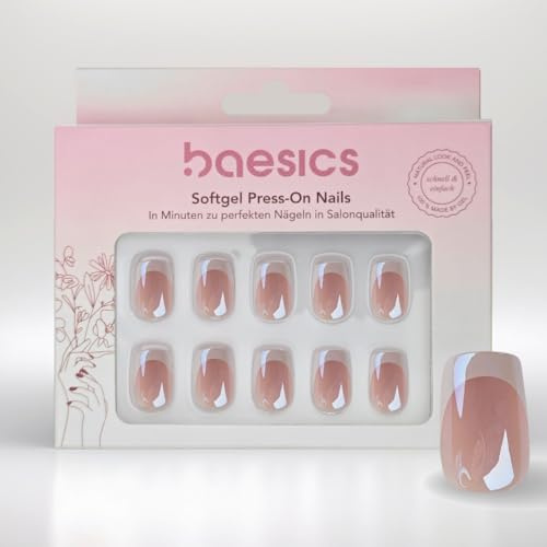 Baesics Softgel Press On Nails French Square Glazed - künstliche Nägel | Softgel in verschiedenen Größen, flexibel und wiederverwendbar, ohne UV-Licht. Für Hochzeit, Festival und Alltag, mit Kleber