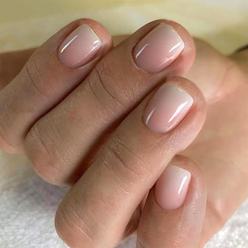 TELAIN 24 pcs. Extra Short Press-on Nails, Square, Nude Ombre Gradient, White Glue, Stick-on Nails with Design, Full Coverage, Acrylic, Glossy