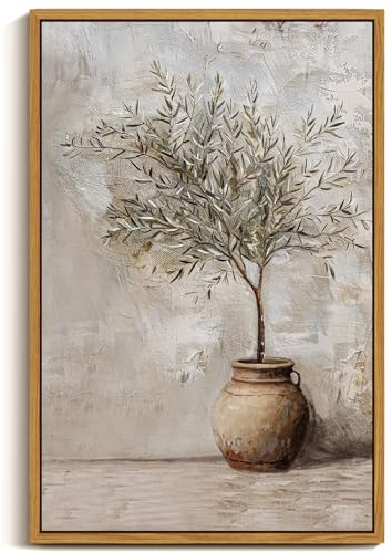 ARPEOTCY Vintage Framed Canvas Wall Art, 16x24 Inch, Large Classic Olive Tree in Vessel Prints for Home Decor, Botanical Still Life Paintings Hanging Wall Art for Bedroom, Living Room, Office