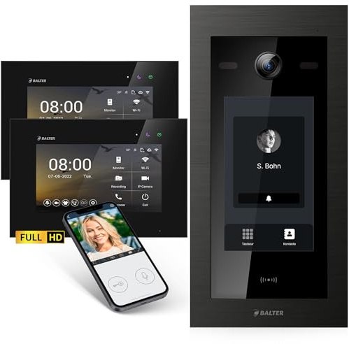 Balter EVO-HD Video Türsprechanlage mit Touchscreen Türstation, Video Türklingel, Smartphone App, 1 Familienhaus, 2X 7 Zoll Monitore, Türklingel mit Kamera Full HD, 2 Draht Bus, 175° Weitwinkel, RFID
