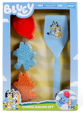 Handstand Kitchen Bluey - Juego para hornear galletas con tres cortadores de sellos de galletas con temática Bluey y espátula de nailon para galletas