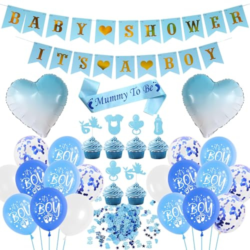 Sroeeshee Baby Shower Decorations for Boys - Blue Baby Shower It’s a Boy Banners and Heart Foil Balloons, Mummy to Be Sash Cupcake Toppers and Confetti for Newborn Gender Reveal Party Supplies